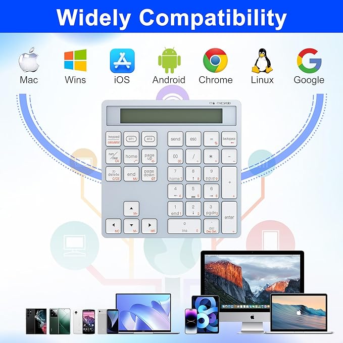 Rytaki Pro 2-in-1 Wireless Number Pad & Calculator, Bluetooth 5.0 Numeric Keypad with USB-C Charging, 34-Key Portable Number Pad for Laptop, MacBook, PC, Windows, iOS & Android Devices