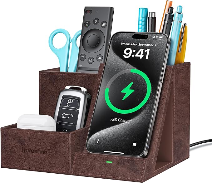 Investme Wireless Charger with Desk Organizer, Pen Pencil Holder, Multifunctional Desktop Organizer, Office Supplies and Desk Accessories Organizer with 3 Compartments and 1 Phone Stand, Dark Brown