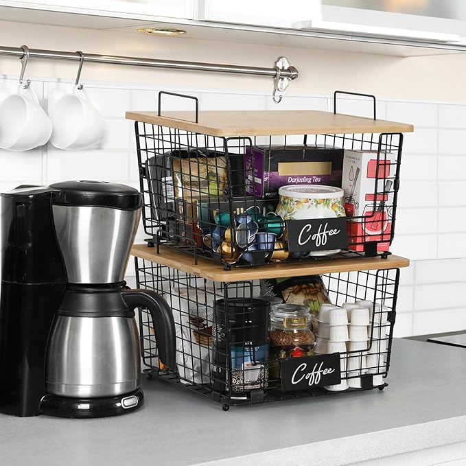 2 Set XXL Stackable Wire Basket with Bamboo Tops & Tag- Pantry Organizer and Storage Bins, Kitchen Counter Cabinet Shelf Countertop Under Sink Organizing, Food Snack Produce Onion Potato Bread Storage