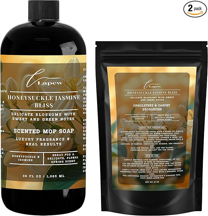 Lapew Honeysuckle Jasmine Bliss Scented Cleaning Bundle | Carpet Deodorizer Powder (16 oz) & Mop Soap Concentrate (36 oz) | Pet-Friendly Odor Eliminator
