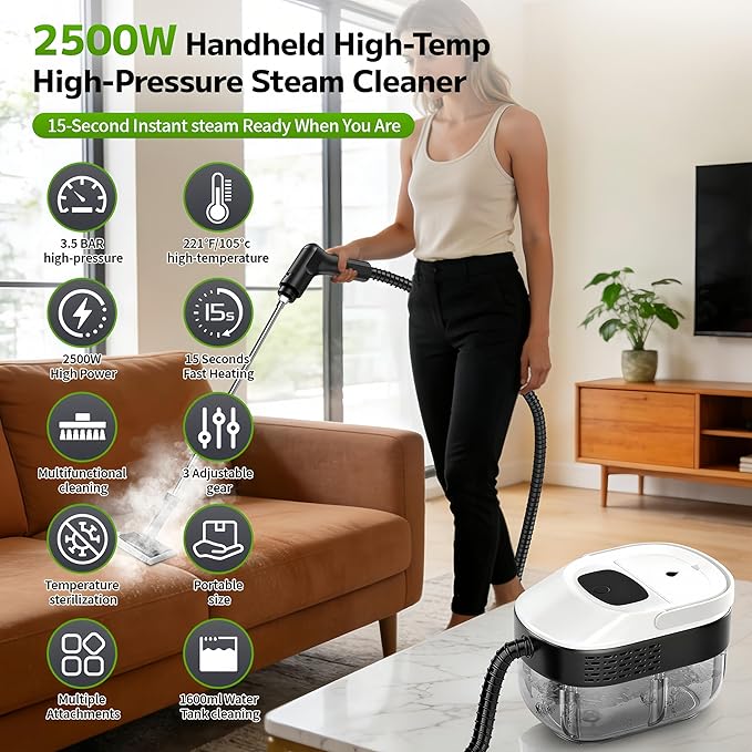 Pressurized Handheld Steam Cleaner 2500W, 54oz Large-Capacity Steamer with 3-Level Adjustable Steam, 15s Heat-Up & 15Pcs Accessories â for Car, Tile, Grout, Couch, Floor, Bed, Dirt, Furniture