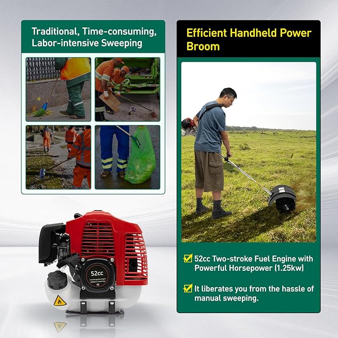 Outdoor Handheld Gas Power Broom, 52cc 2.3HP 2-Stroke Gasoline Power Lawns Sweeper Broom Sweeper Cleaning Driveway Tools High Performance Cleaner 1.8M 0.22gal Tank