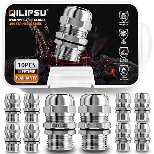QILIPSU 10pcs 1/2" NPT 304 Stainless Steel Cable Gland Waterproof IP68 Metal Strain Relief Cord Grip Cable Long Thread Pass Through Wire Connector