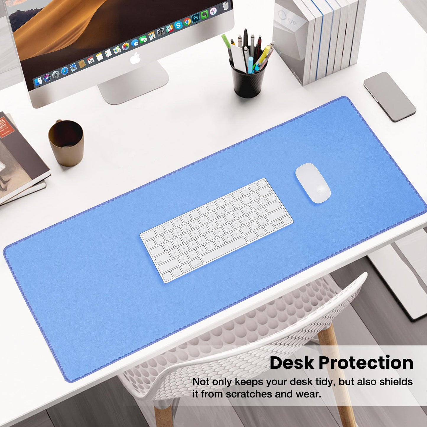ALOANES Blue Waterproof Desk Mat, Large, with Extended Mouse Mat, Office Desk Protector with Anti-Slip Base, Stitched Edge, Grain Jacquard Surface, Perfect for Gamer, Home Large(27.6" x11.8"x0.12")