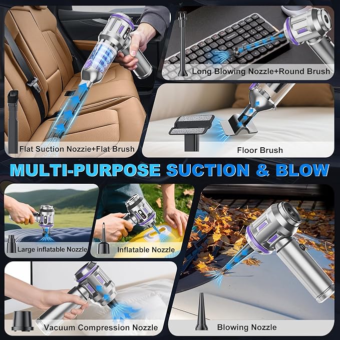 Car Vacuum Portable Cordless, 18000pa Mini Vacuum Cleaner, 4 in 1 Portable Car Vacuum Cleaner 120W High Power Handheld Vacuum Cordless Rechargeable With Air Duster&LED Light for Cars Home Office Pet