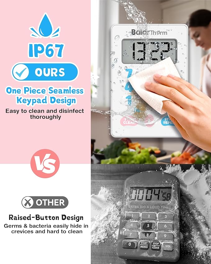 BaldrTherm Digital Kitchen Timer Waterproof, Strong Magnetic Cooking Timer with 3 Adjustable Volume Levels & Silent Flashing Light, Countdown Timer for Cooking, Baking Shower, Classroom, Cute