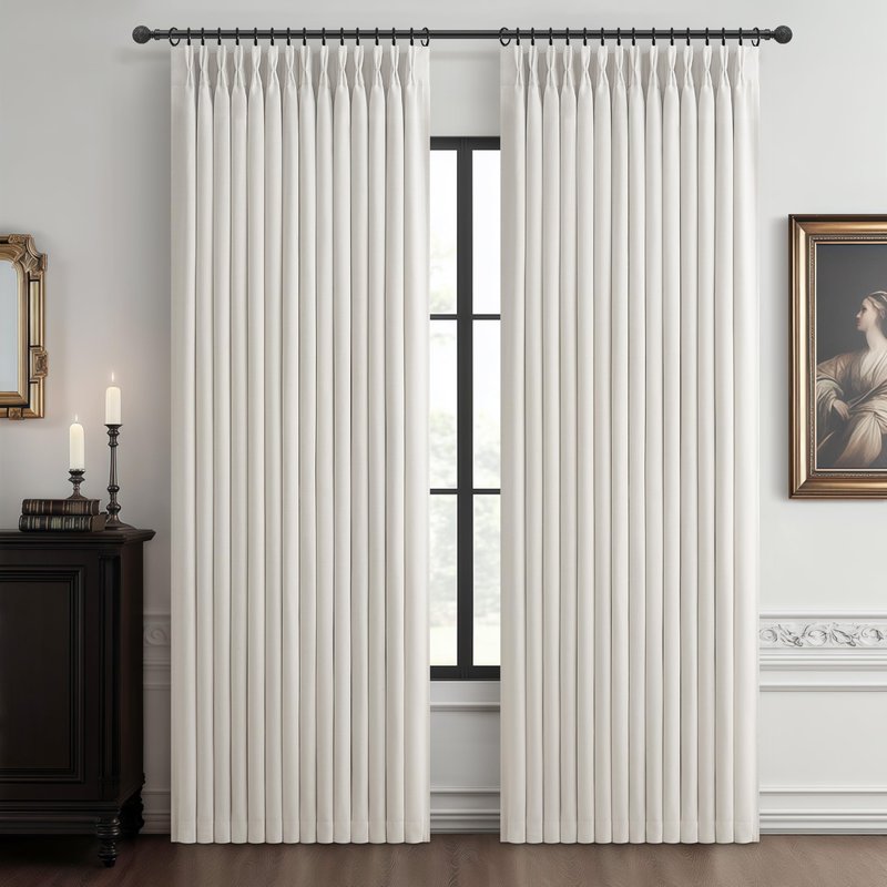 Pleat Viral Linen 90 Inch Blackout Curtains for Bedroom, Pinch Pleated Soundproof Privacy Farmhouse Window Drapes Decor with Hooks Neutral Beige White Nursery/Kids Room Darkening Burg 2 Panels Set