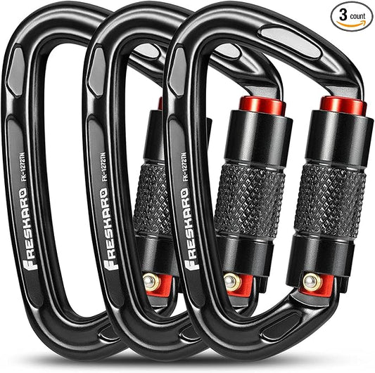 FresKaro 25kN Climbing Carabiners Double Locking Carabiner Clips, Heavy Duty Carabiner for Rock Climbing, Rappelling, Hunting, or Survival Gear kit, Gym Equipment, Cerfified UIAA Carabiner Black