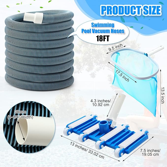 14 Swimming Pool Vacuum Head with Wheels 1-1/4 x 18ft Flexible Vacuum Hoses and Skimmer Net Swimming Pool Cleaner Equipment for Above Ground and Inground Cleaning Supply