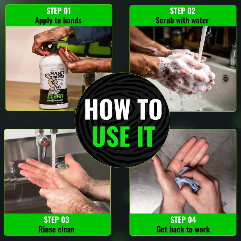 Grip Clean Heavy Duty Hand Cleaner for Mechanics – Natural Pumice & Clay-Infused Technology Removes Grease, Oil & Grime – Moisturizing Liquid Hand Soap for Shop, Garage & Industrial Use – 32oz