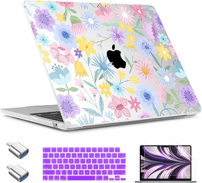 TWOLSKOO for MacBook Air 13 inch Case M5 2026 M4 2025 M3 M2 2024-2022 A3449 A3240 A3113 A2681, Plastic Hard Shell & Keyboard Cover & Type C for MacBook Air 13.6 inch Case, Spring Blooms