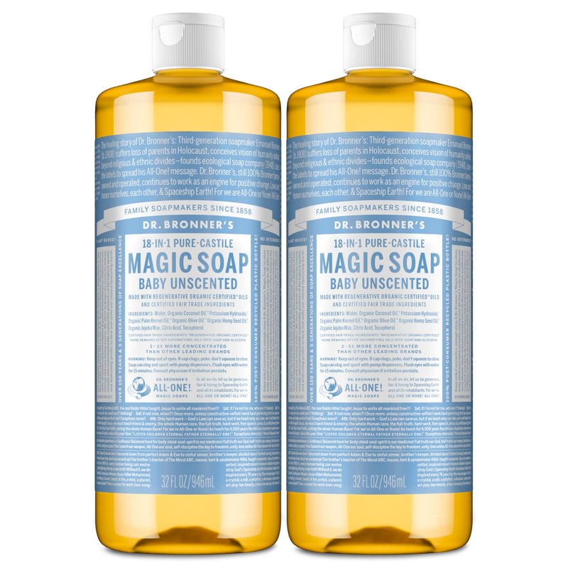 Dr. Bronner's Magic Soap-Pure-Castile Liquid Soap (Baby Unscented, 32 ounce, 2-Pack)-Regenerative Organic Certified Oils, 18-in-1 Uses: Body, Laundry & Dishes, For Sensitive Skin, No Fragrance