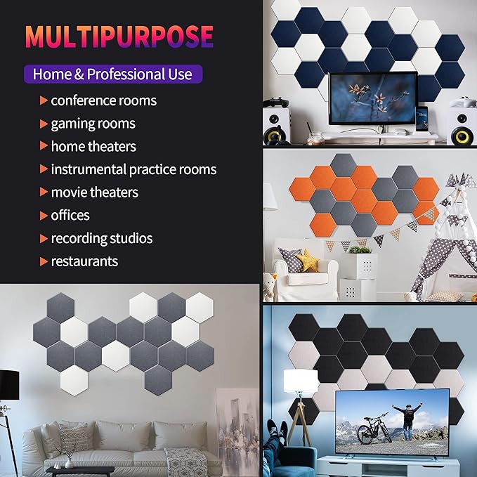 Mollywell Hexagon Acoustic Panels 14x12 - Reduce Echo & Reverb, Noise Blocking Wall Tiles for Studio & Home Office, Moon Gray & Orange Sound Absorbing Panels