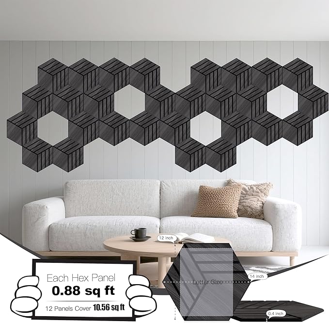 Mollywell Acoustic Panels, PVC Wood-Grain, 14x12 Inch Hexagon Carved Sound Proof Wall Tiles, Self-Adhesive High Density Felt for Home Theater/Studio/Office Echo Reduction, 12 Pack Black Oak,TW4