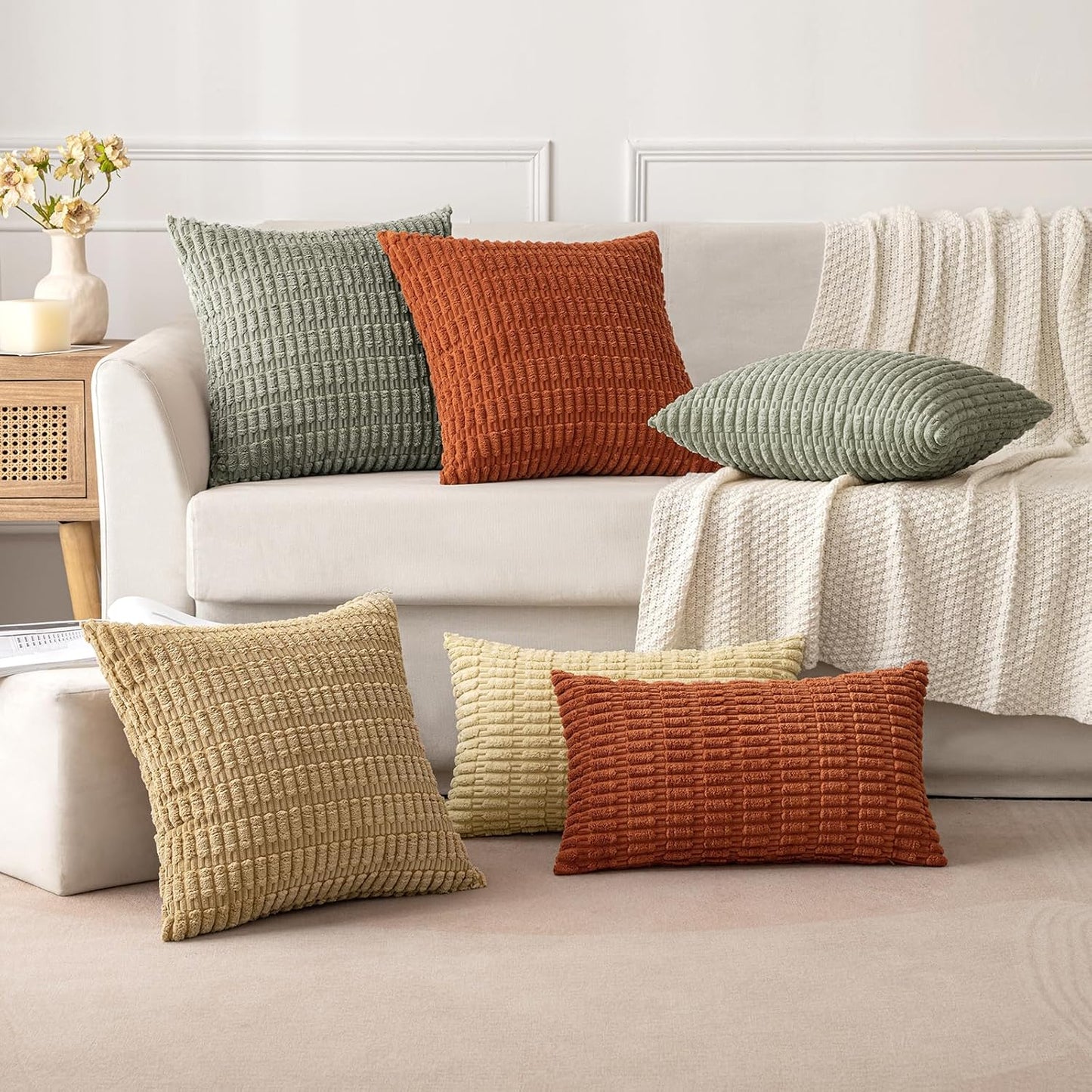 MIULEE Corduroy Throw Pillow Covers - Soft Boho Striped Design | 18x18 Inch Light Olive Green for Modern Home Decor