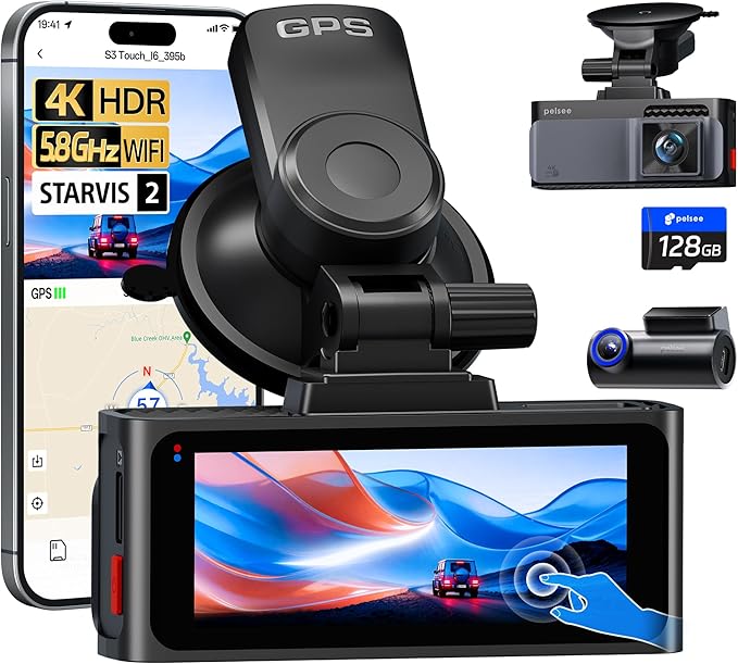 Pelsee S3 Touch 4K Dash Cam Front and Rear, STARVIS 2 Sensor, STARLIT™ Full Color Night Vision, 128GB Card, WiFi 6, ADAS, Dash Camera for Cars with 3.39"IPS Screen, Voice Control, 24H Parking Mode GPS