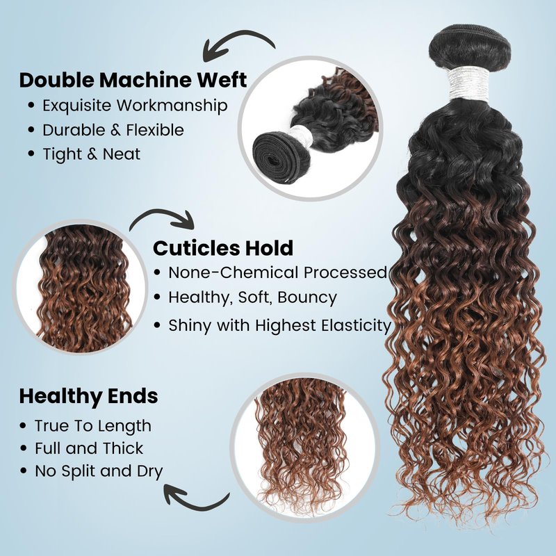 ALHER 12A Ombre Human Hair Bundles Water Wave, Soft Thick Chestnut Brown Ombre Single Curly Bundle Wet and Wavy 100% Virgin Remy Human Hair for Black Women #T1B/2/30 Dark Roots Auburn Sew In 12 Inch