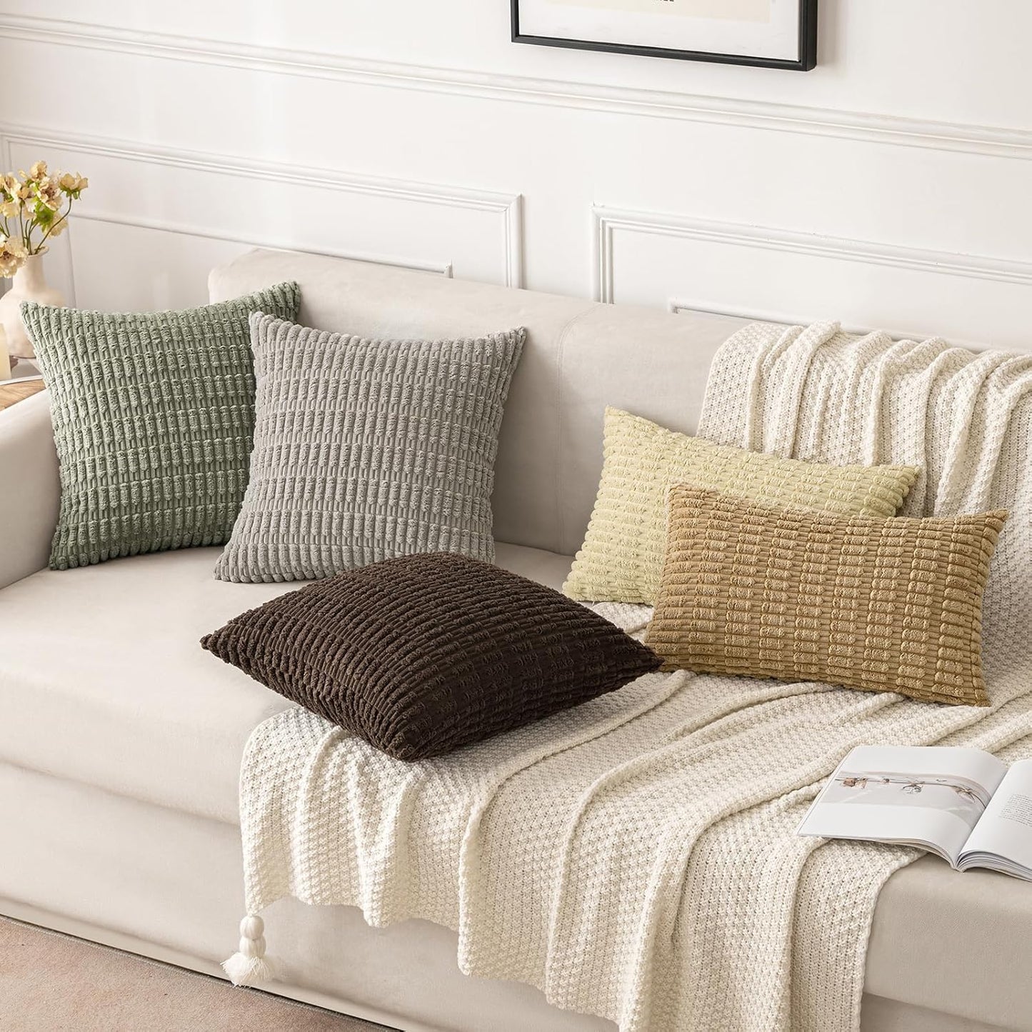 MIULEE Corduroy Throw Pillow Covers - Soft Boho Striped Design | 20x20 Inch Light Olive Green (Set of 2)