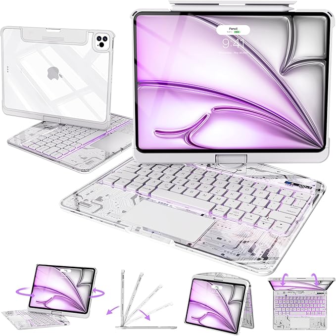 Intermerge Transparent Keyboard Case for iPad Pro 11"(M5,2025/ M4,2024), 360° Swivel Multi-Touch Trackpad, 7-Color RGB Backlit, Pencil Holder, Type-C, Power Indicator, Frost Pulse