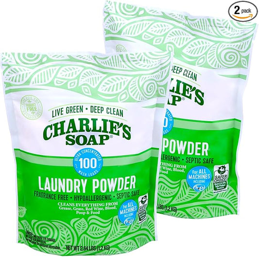 Charlieâs Soap Laundry Powder (100 Loads, 2 Pack) Hypoallergenic Deep Cleaning Washing Powder Detergent â Eco-Friendly, Safe, and Effective