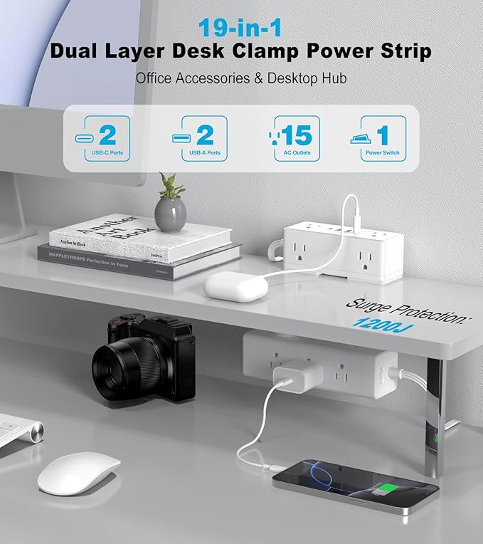 Dual Layer Desk Clamp Power Strip, Desktop Edge Mount Surge Protector with 15 AC Outlets & 4 USB Ports(20W USB-C), Ultra Thin Flat Plug & 10FT Power Cord for Office Home(ETL Listed)