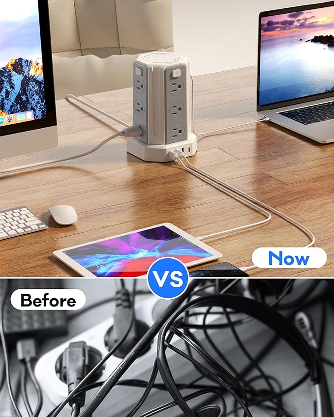 Power Strip Surge Protector, 10 Ft Extension Cord with 12 AC Multiple Outlets 4 USB (1 USB C), SMALLRT Power Tower Desktop Charging Station