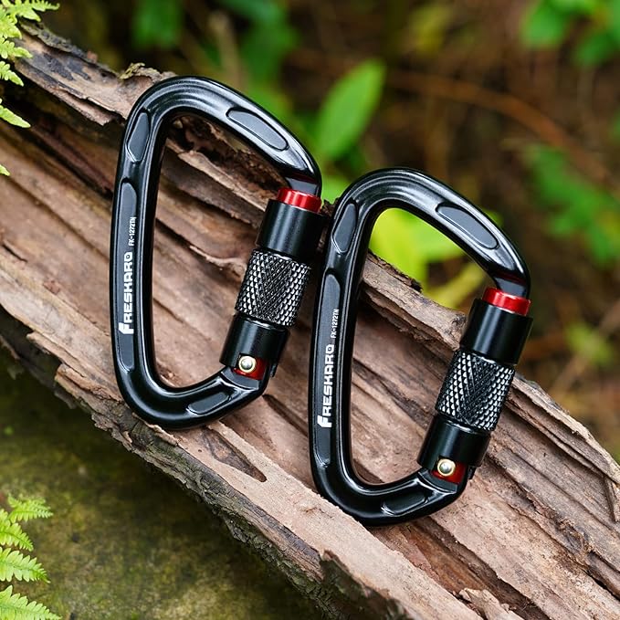 FresKaro Twist Lock Carabiner Clips, Auto Locking and Heavy Duty, Climbing carabeaner Large, for Rock Mountain Tree Climbing, Rappelling, Arborist, Firefighter, Dog, Hammock, Caribeener Keychain Black