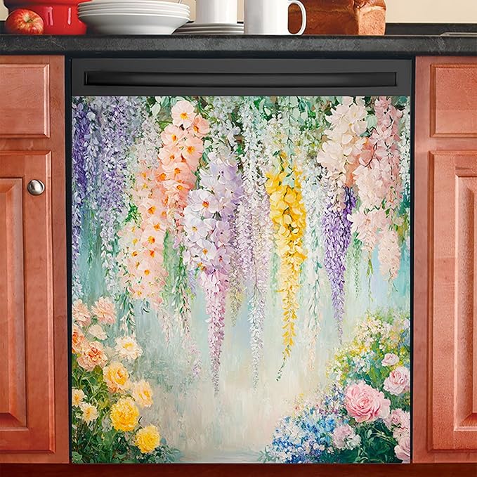 Dishwasher Magnet Cover 23x26 in Hanging Garden Wisteria and Floral Cascade Painting Dishwasher Cover for Kitchen Appliance Decoration Front Panel Sticker Rustic Home Decor