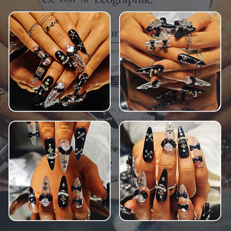 Handmade Press On Nails Stiletto, Brown Press On Nails Long, Flower 3D Acrylic Nails French Tip Blooming Amber Cherry For Women Gift, Reusable Stick On Fake Nails Kit With Nail Glue(Blooming Cherry-M)