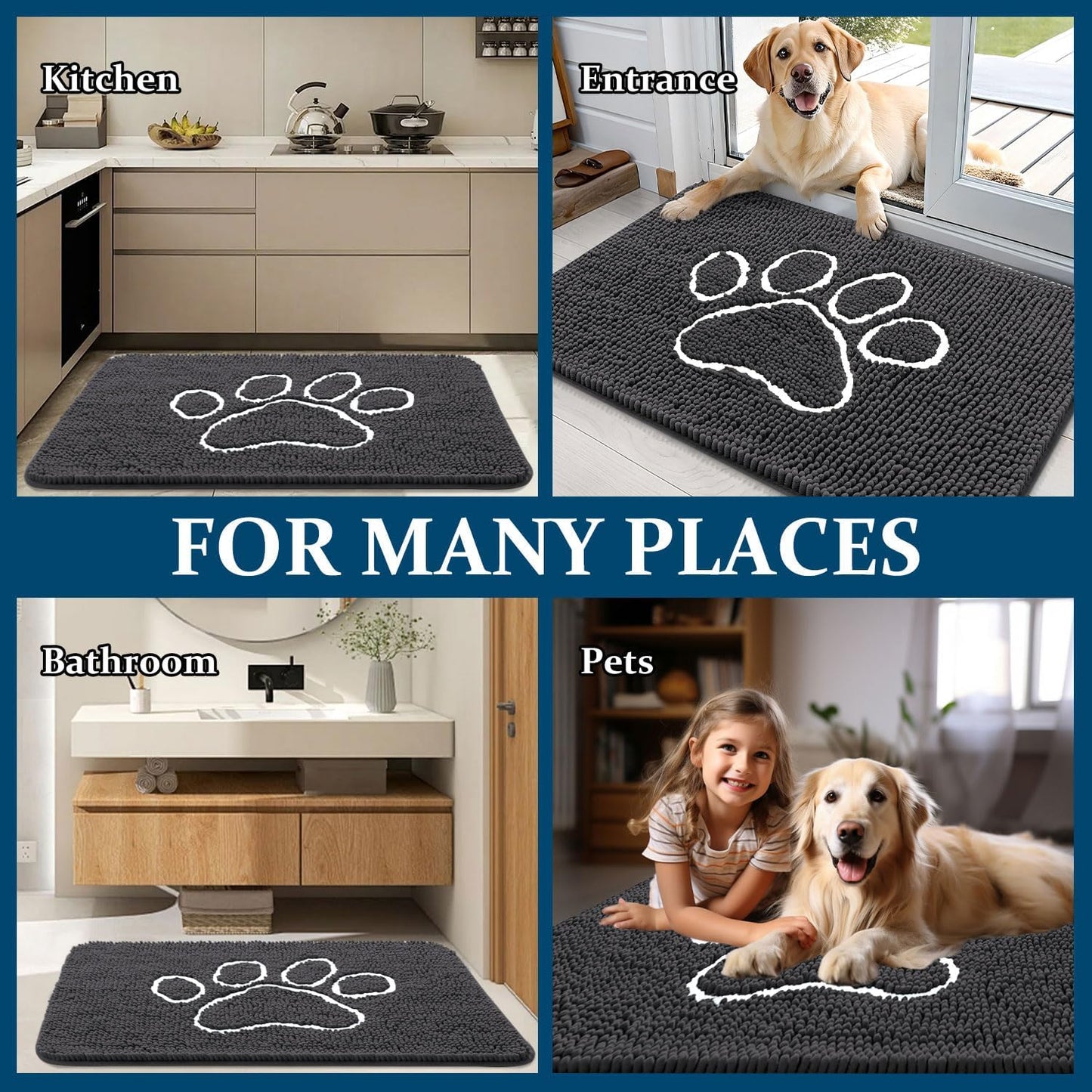 OLANLY Dog Door Mat - Absorbent Non-Slip Mud Mat for Paws | Quick Dry Chenille, 40x32, Dark Grey
