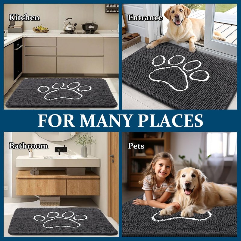 OLANLY Dog Door Mat for Muddy Paws 47x20, Paw Print Design, Absorbs Moisture and Dirt, Absorbent Non-Slip Washable Doormat, Quick Dry Chenille Mud Mat for Dogs, Entry Indoor Entryway Carpet, Dark Grey