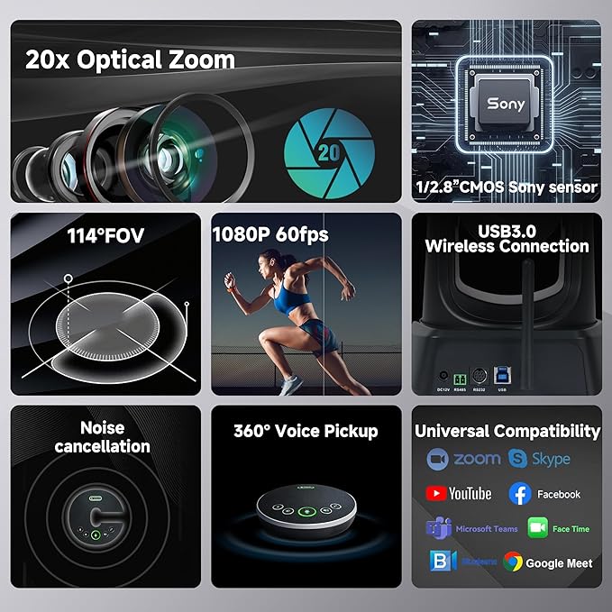TONGVEO Wireless AI PTZ 20X Camera System with Auto Tracking Built-in Receiver & Bluetooth Speakerphone, 5.8GHz 1080P 60fps Conference Camera for Church Zoom, OBS Meetings