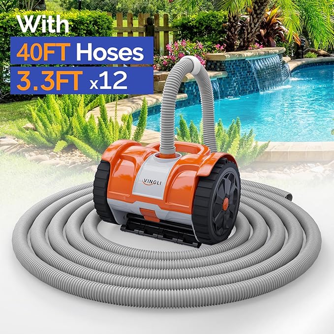 VINGLI Pool Vacuum Cleaner, Automatic Pool Sweeper for Ground&Inground Pools, Suction Side Wall-Climbing Sweeper with 39.6ft Tangle-Free Hose (Rich Orange&Gray)