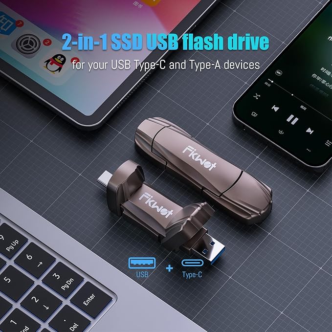 Fikwot External SSD USB Flash Drive 256GB, Up to 2050MB/s 2-in-1 Type C+ USB A USB3.2 Gen2 Solid State Thumb Drive SSD Stick for iPhone 15/16/Android/Windows/Mac/PC/Laptops