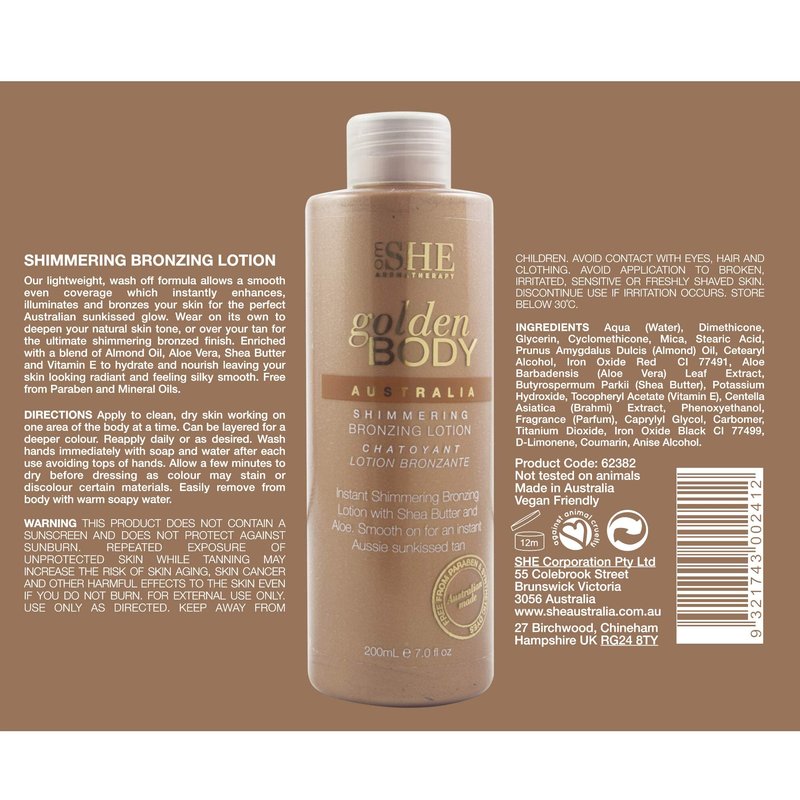 Om She Aromatherapy Golden Body Shimmering Bronzing Lotion 7.0fl oz - Self Tanning, Instant Tan Colour. Australian Made.