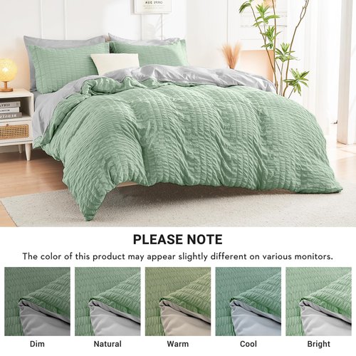 HYMOKEGE Sage Green/Light Grey Queen Comforter Set Seersucker 7 Pieces, All Season Luxury Bed in a Bag Queen for Bedroom, Bedding Set with Comforter, Sheets, Pillowcases & Shams