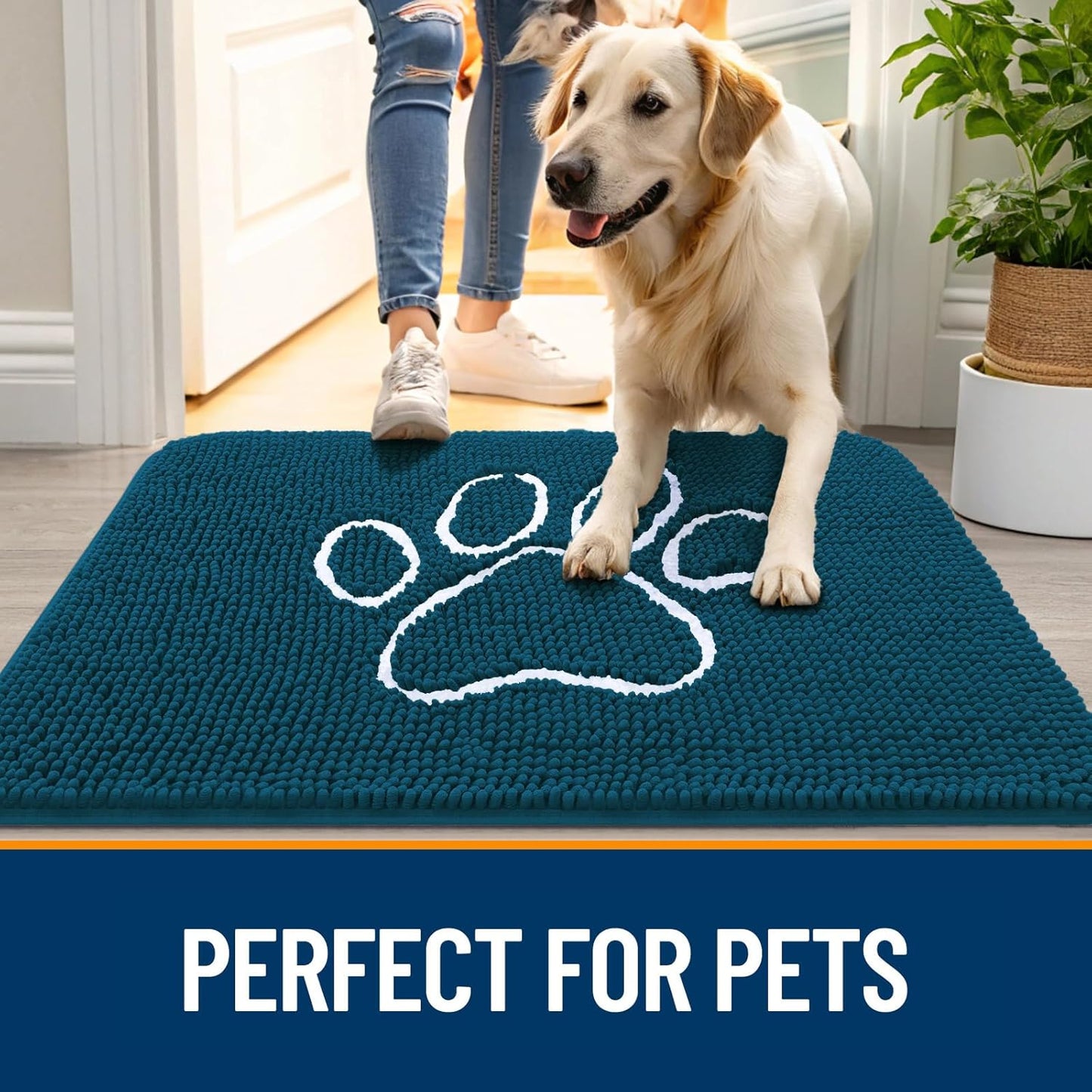 OLANLY Dog Door Mat - Absorbent Non-Slip Mud Mat for Muddy Paws | 47x32, Paw Print Design, Quick Dry Atlantic Blue