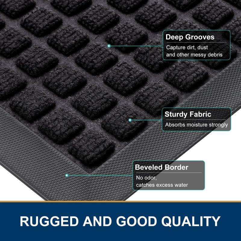 Smiry Front Door Mat Outside Entrance, Heavy Duty Natural Rubber Doormat, Non Slip, Trap Dirt and Moisture, Easy Clean, Low Profile Welcome Floor Mats for Indoor Outdoor Entry, 35x23 Inch, Black