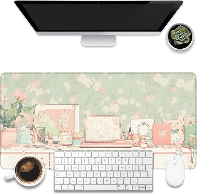 KOAIWPAE Desk Pad, Kawaii Anime Style Desk Mat, Green Cute Desktop Large Gaming Mouse Pad for Desk, 31.5"x15.7" Extended Big Computer Keyboard Mouse Pad with Non-Slip Base and Stitched Edge
