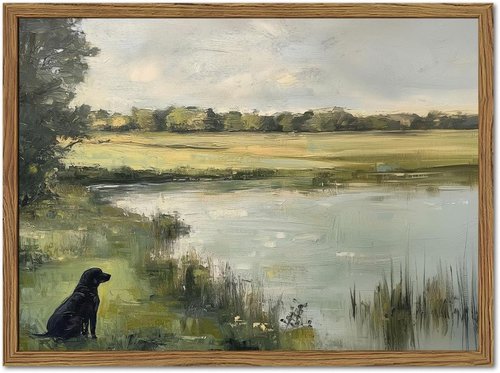 Framed Vintage Hunting Black Dog Wall Art - Rustic Country Landscape Decor | 16x24 Inch Canvas Print