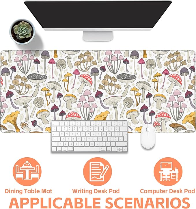 NIYLYNSYN Mouse Pad Large Colorful Mushrooms Non-Slip Gaming Desk Mat with Stitched Edge Laptop Keyboard Desk Pad for Work Home Gaming (35.4 x 15.7 Inches)