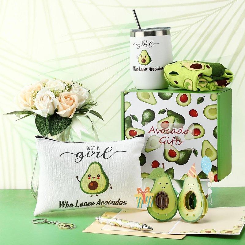 Singhoow 6 Pcs Funny Gift Baskets for Women Girls Pickle Avocado Socks with Vegetable Animals Makeup Bag Insulated Tumbler Keychain Greeting Card Pen for Christmas Birthday Party(Avocados)