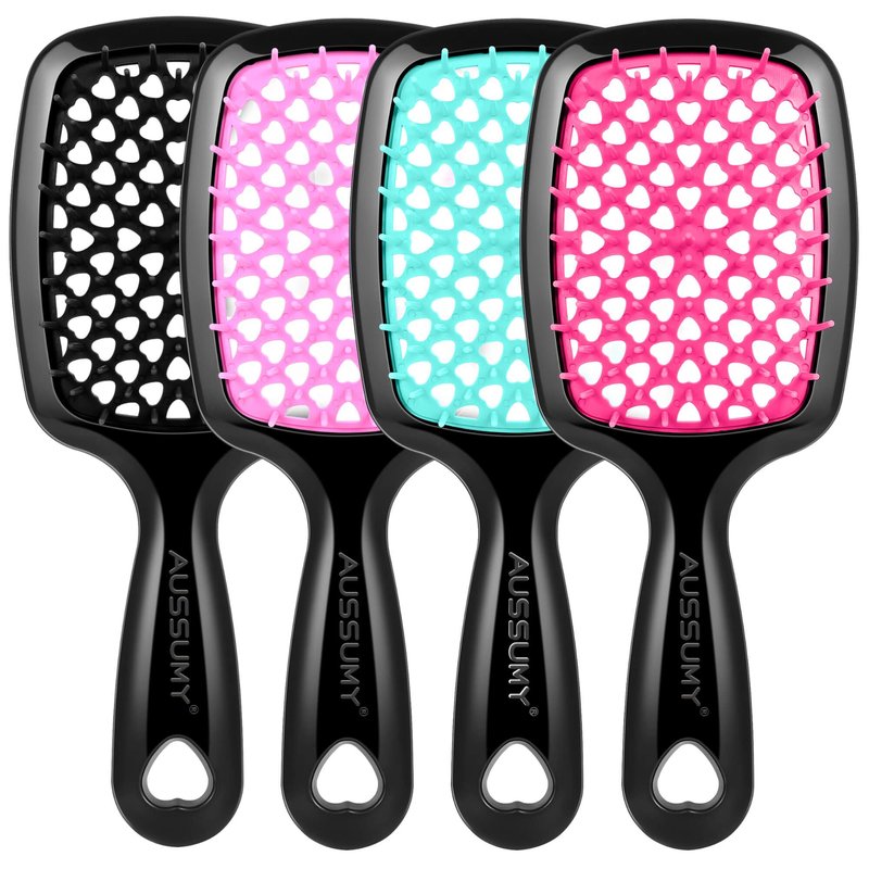 Aussumy 4 Pack Vented Detangling Hair Brush - Detangler Hairbrush with Soft Bristles for Effortless Tangle Free - Ideal for Wet Dry or Curly Damaged Hair for Women Men Kids