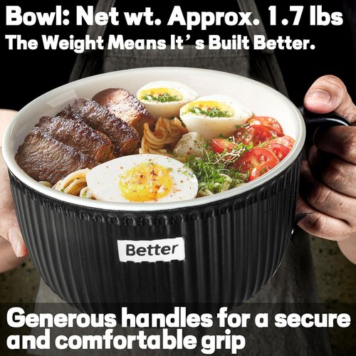 Artena 38 oz Soup Bowls - Microwave Safe Ceramic Ramen Bowls with Handles & Lids | 6 Inch Black Set