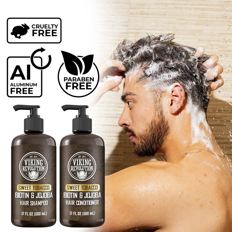 Viking Revolution Sweet Tobacco Mens Shampoo and Conditioner Set with Biotin and Jojoba Oil - Natural Hair Shampoo and Hair Conditioner for Men with Vitamin B5 - Mens Shampoo for Thinning Hair (17Oz)