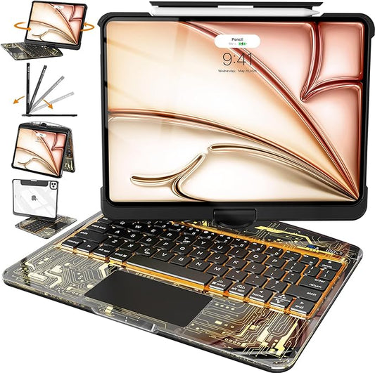 Intermerge Transparent Case with Keyboard for iPad Air 13"(M4/ M3/ M2, 2026/2025/ 2024) & Pro 12.9" (2022-2018) - 360° Swivel Multi-Touch Trackpad, 7-Color Backlit, Pencil Holder, Shadow Pulse