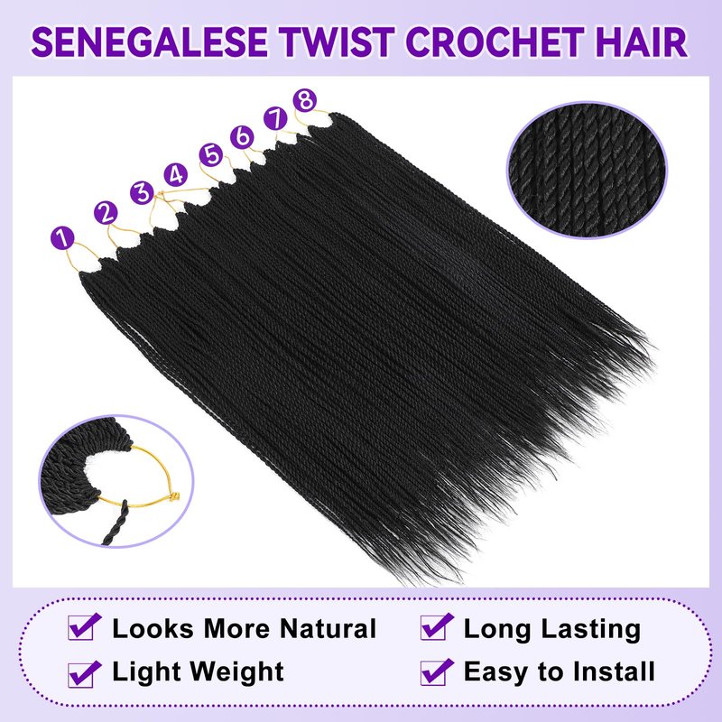 Senegalese Twist Crochet Hair for Women 22 Inch 8 Packs Pre Looped Crochet Braids Small Twist Braids Mini Twist Crochet Hair Natural Black