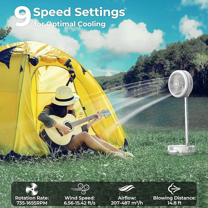 40000mAh Portable Travel Fan, Rechargeable Collapsible Fan, 106H Run, 8 Speeds Standing Oscillating Fan, Battery Powered with Timer & Light for Travel Cruise Essentials RV Outdoor Bedroom Power Outage