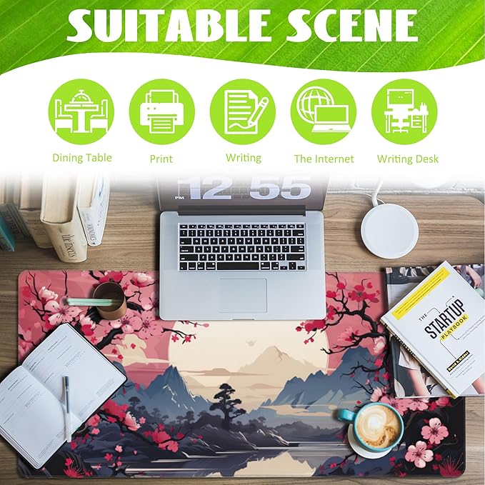 Eflxamz Desk Pad,Pink Cherry Blossom Tree Desk Mat,Mountains and Sun Large Gaming Mouse Pad for Desk,Extended Big Computer Keyboard Mouse Pad with Non-Slip Base and Stitched Edge,35.4"x15.7"