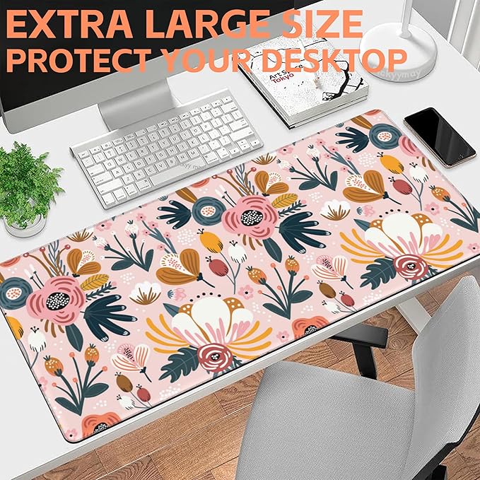NIYLYNSYN Mouse Pad Large Flowers and Leaves Non-Slip Game Desk Mat with Stitched Edge Laptop Keyboard Desk Pad for Work Home Gaming (35.4 x 15.7 Inches)
